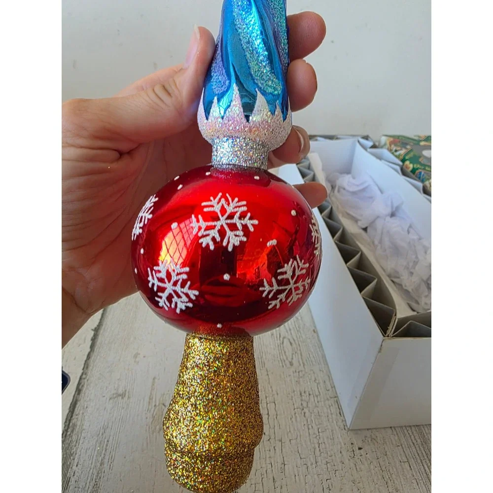 OWC old world indent icicle tree topper glass gold blue glitter Xmas tree
